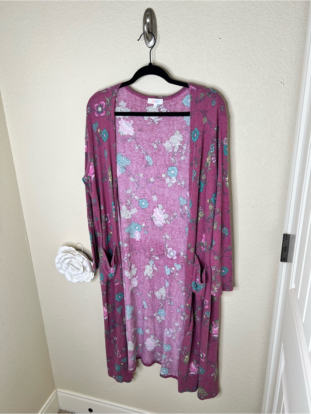 NTM: LuLaRoe Sarah Floral Duster Cardigan Large Pink Ribbed Open Front Pocketed - Picture 5 of 13